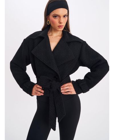 Miss Circle Women's Dara Black Wool Blend Cropped Double-Breasted Belted Coat