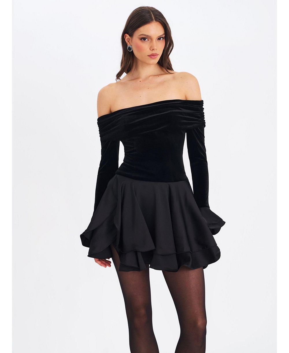 Женское мини-платье Miss Circle Women Magnolia Black Off-Shoulder Layered Satin
