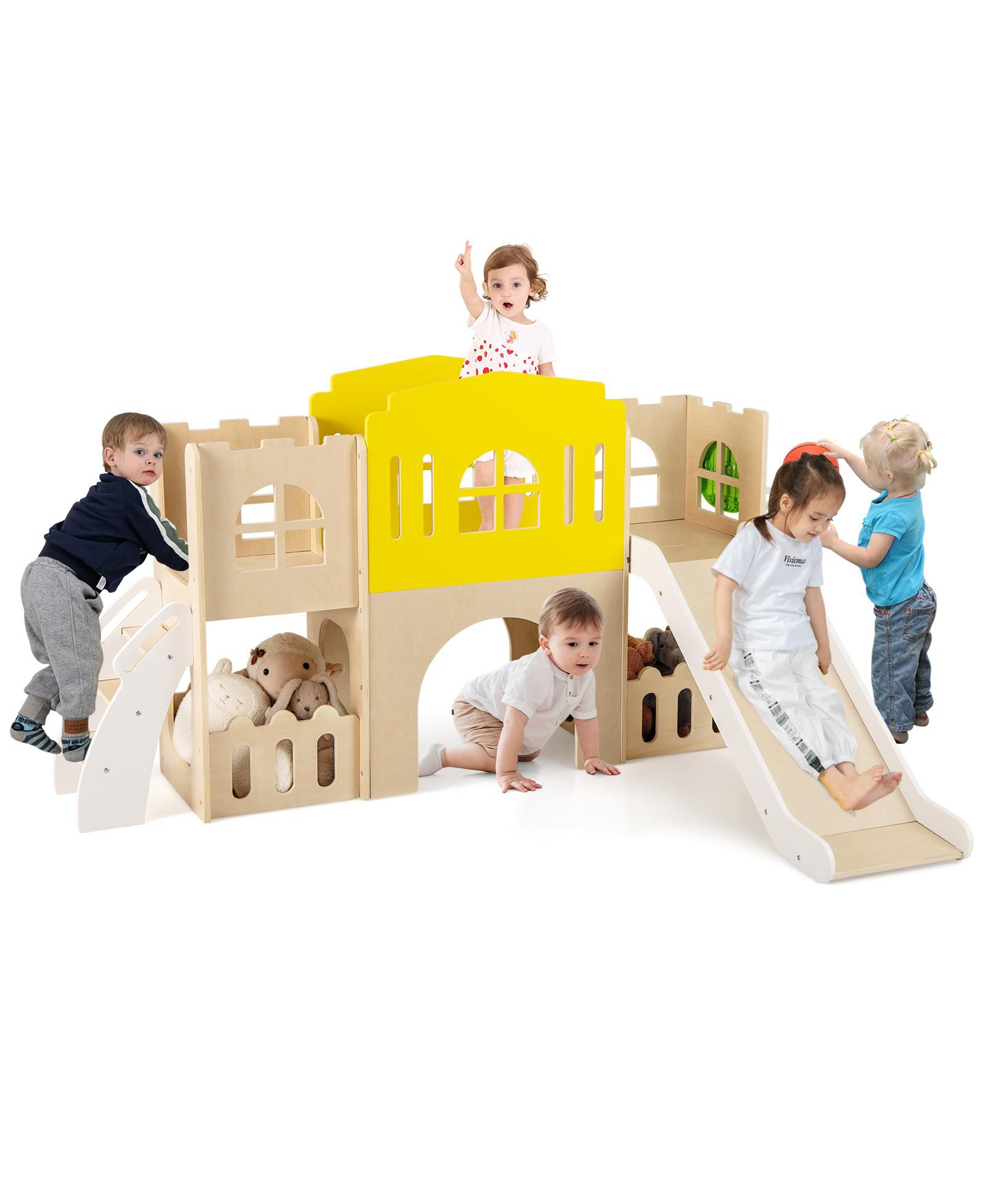 Gymax 7-in-1 Toddler Slide Set Wooden Castle-Shaped Activity Center
