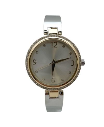 Olivia Pratt Two Tone Round Face Rhinestone Bezel Soft Bangle Women Watch