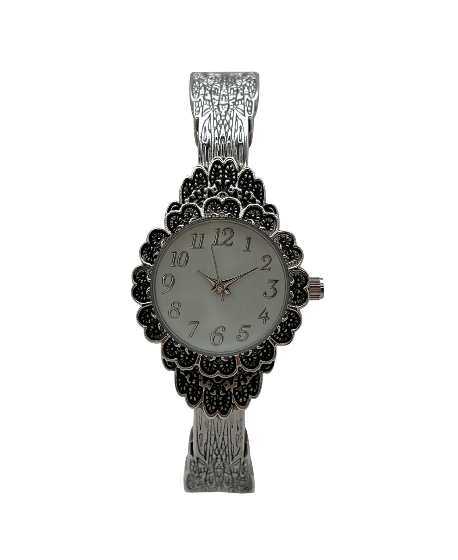 Olivia Pratt Silver Elegant Flower Detailed Face Bangle Women Watch