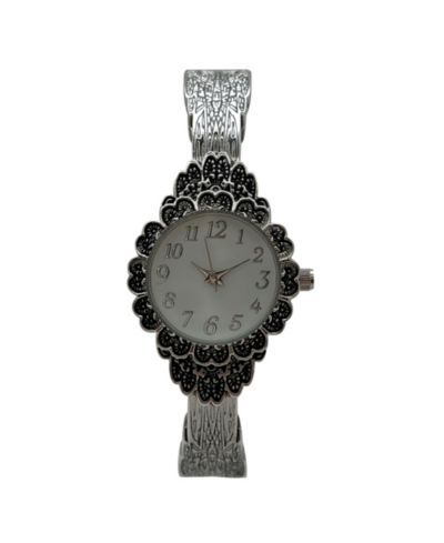 Olivia Pratt Silver Elegant Flower Detailed Face Bangle Women Watch