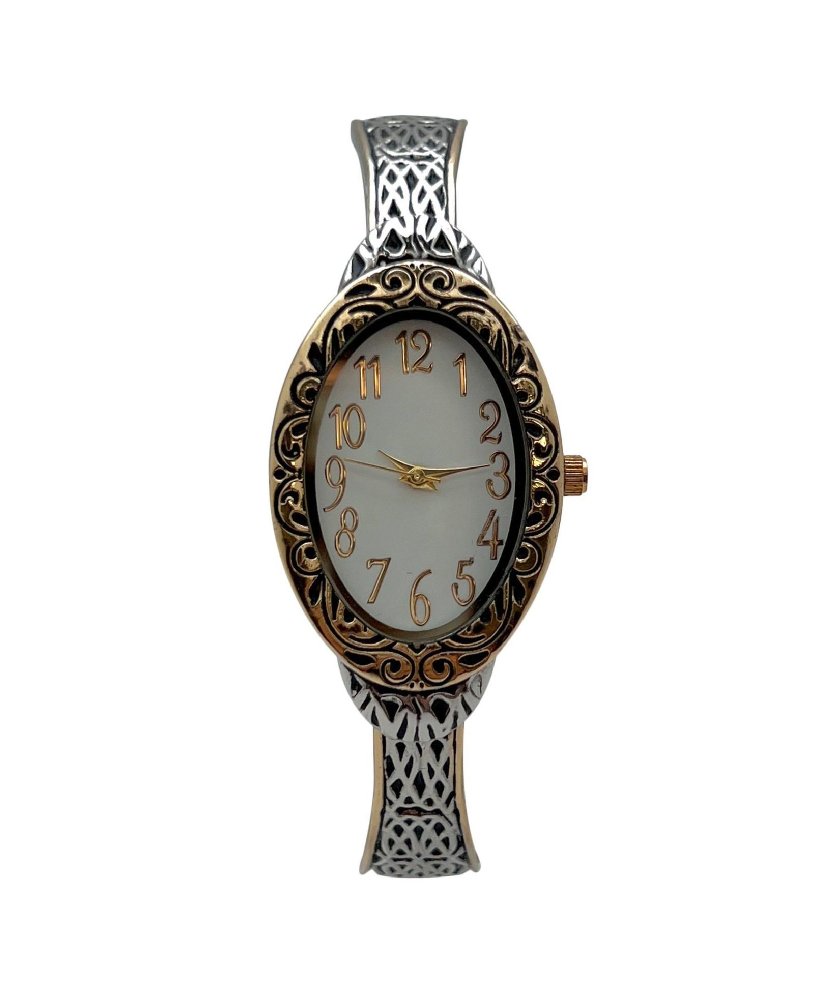 Olivia Pratt Two Tone Oval Face Elegant Textured Bangle Women Watch