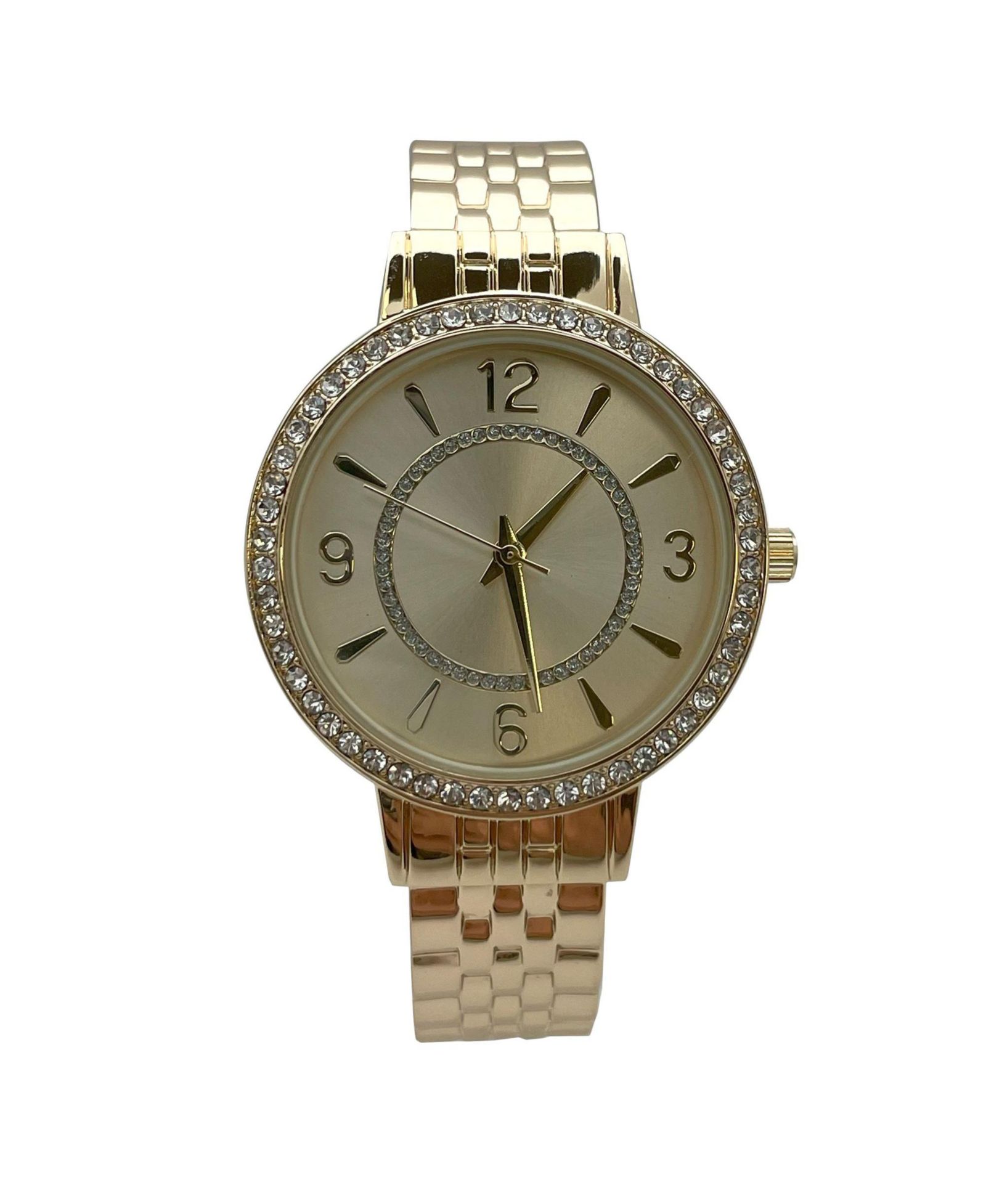 Olivia Pratt Gold Round Face Rhinestone Bezel Textured Bangle Women Watch