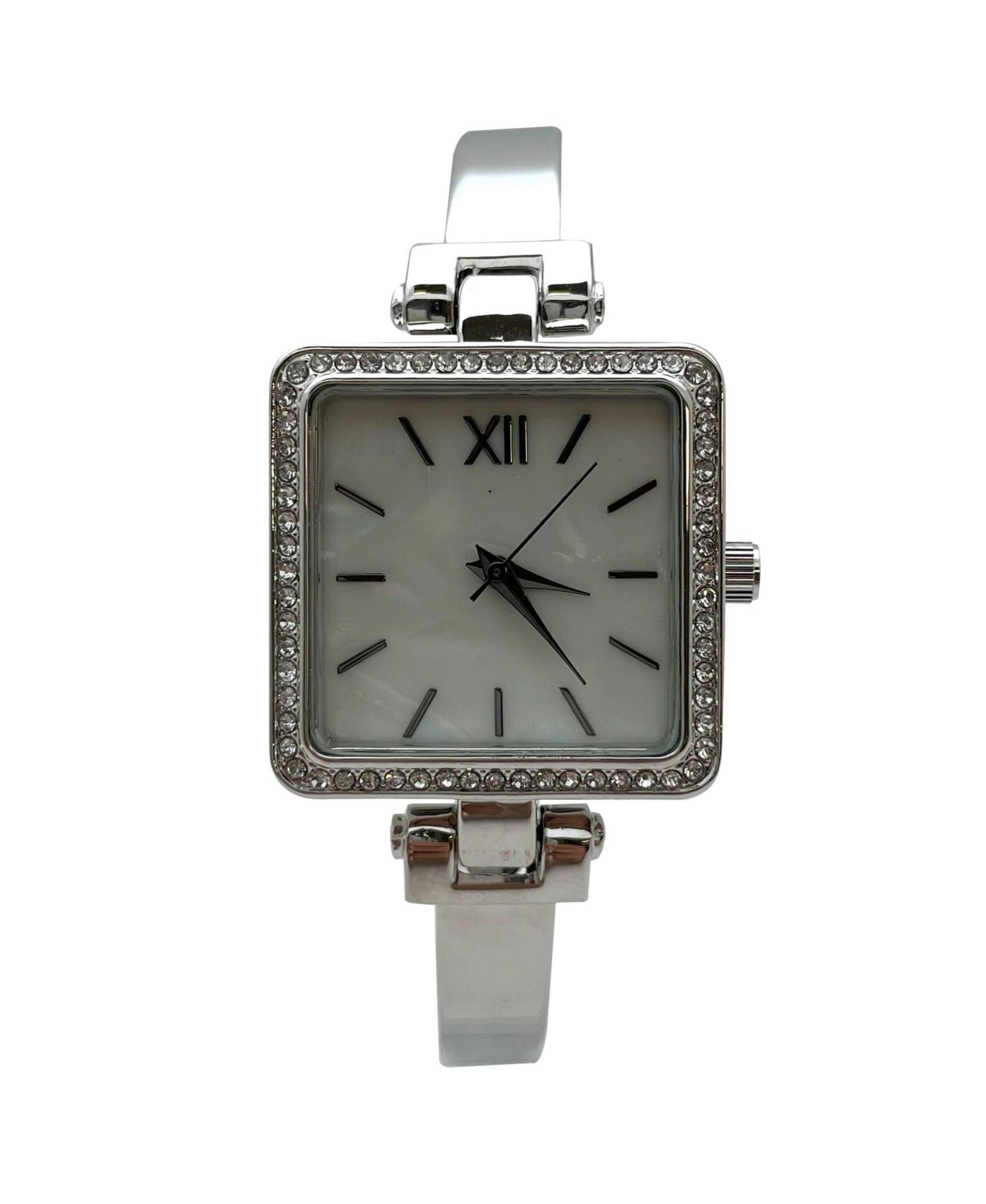 Olivia Pratt Silver Square Face Thin Rhinestone Bezel Bangle Women Watch