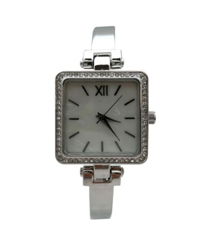 Olivia Pratt Silver Square Face Thin Rhinestone Bezel Bangle Women Watch