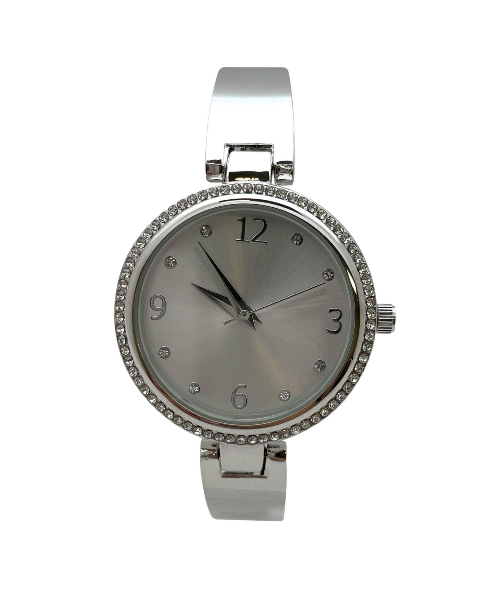 Olivia Pratt Silver Round Face Rhinestone Bezel Soft Bangle Women Watch