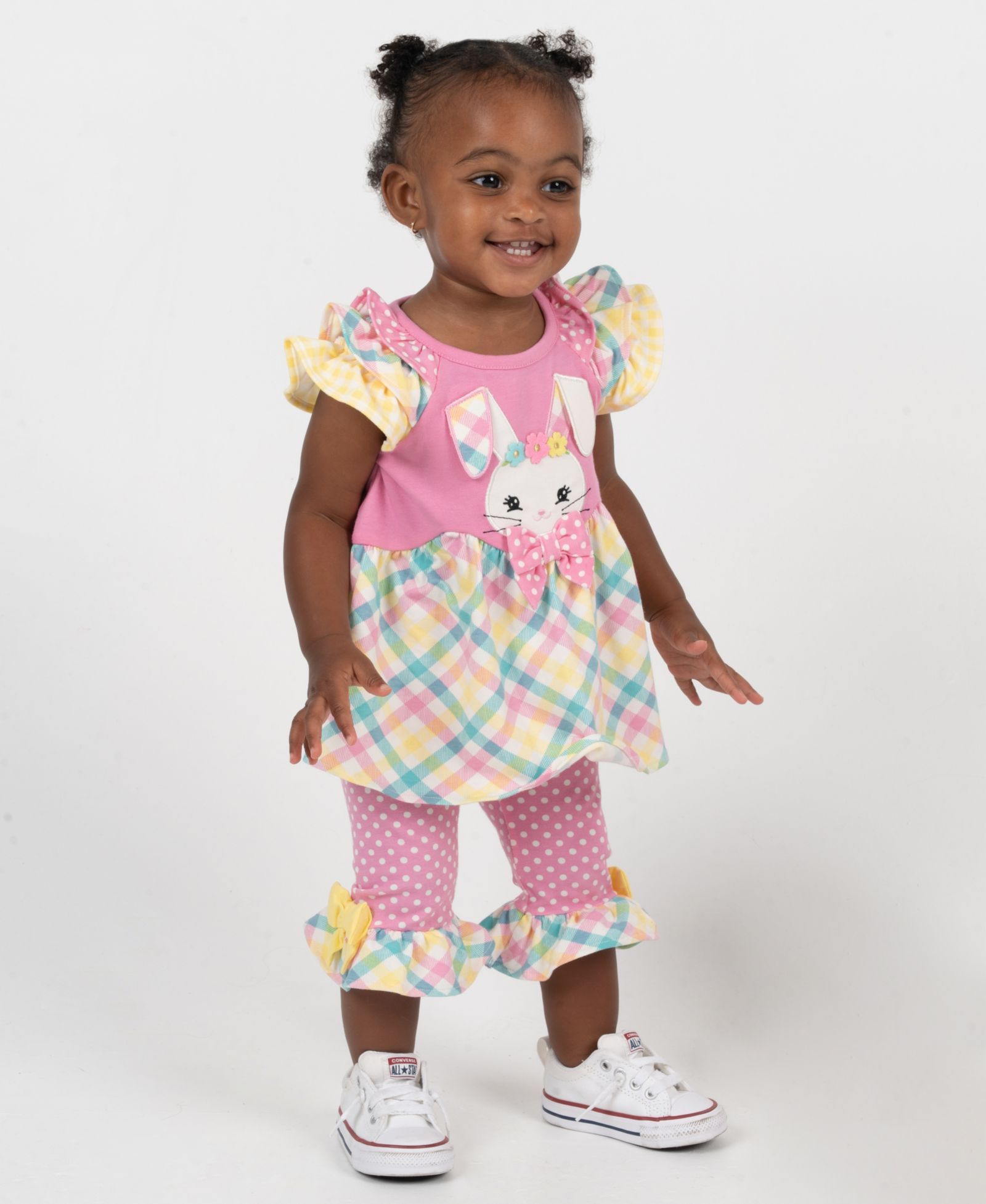 Rare Editions Baby Girls' Bunny Mixed Check Applique Knit Round Neck Top and Polka Dot Leggings, 2-Piece Set