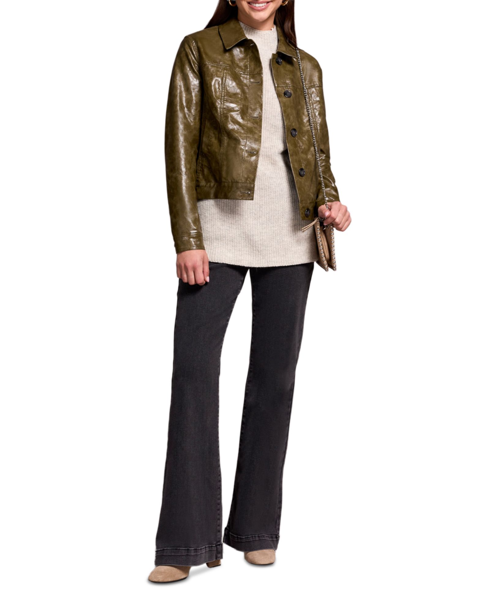 TRIBAL Women's Faux Leather Button-Front Collar-Accent Jacket