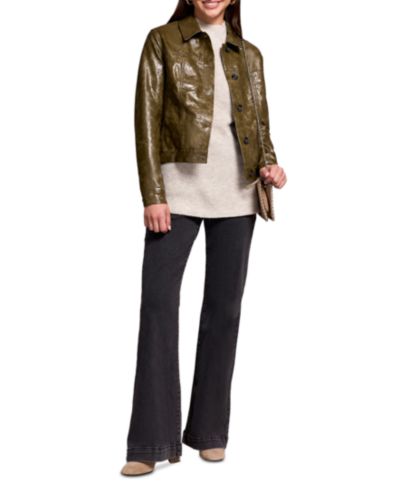 TRIBAL Women's Faux Leather Button-Front Collar-Accent Jacket