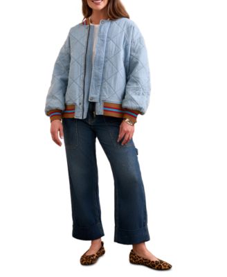 TRIBAL Women's Blue Thread Oversized Cotton Quilted Bomber Jacket