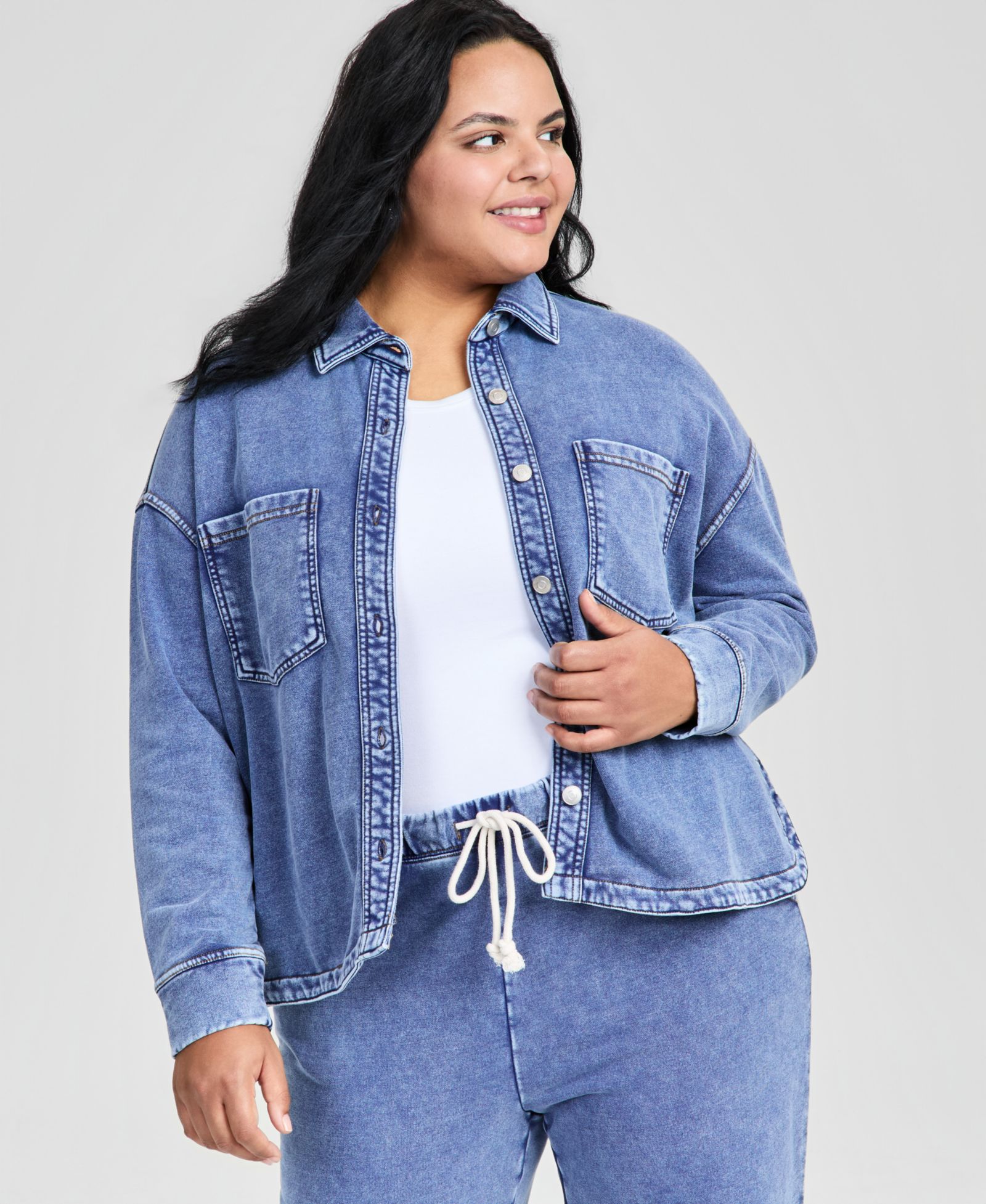 And Now This Plus Size Faux-Denim Knit Button-Front Shacket, Macy's Exclusive