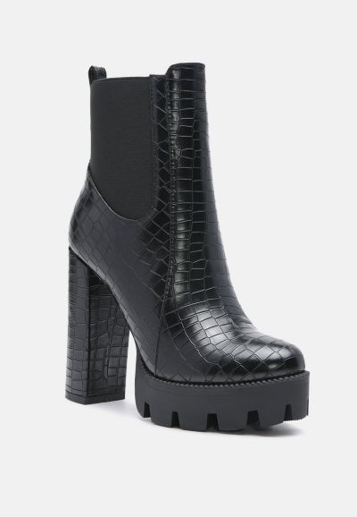 London Rag Women's Beatriz Croc Print Block Heel Ankle Boots