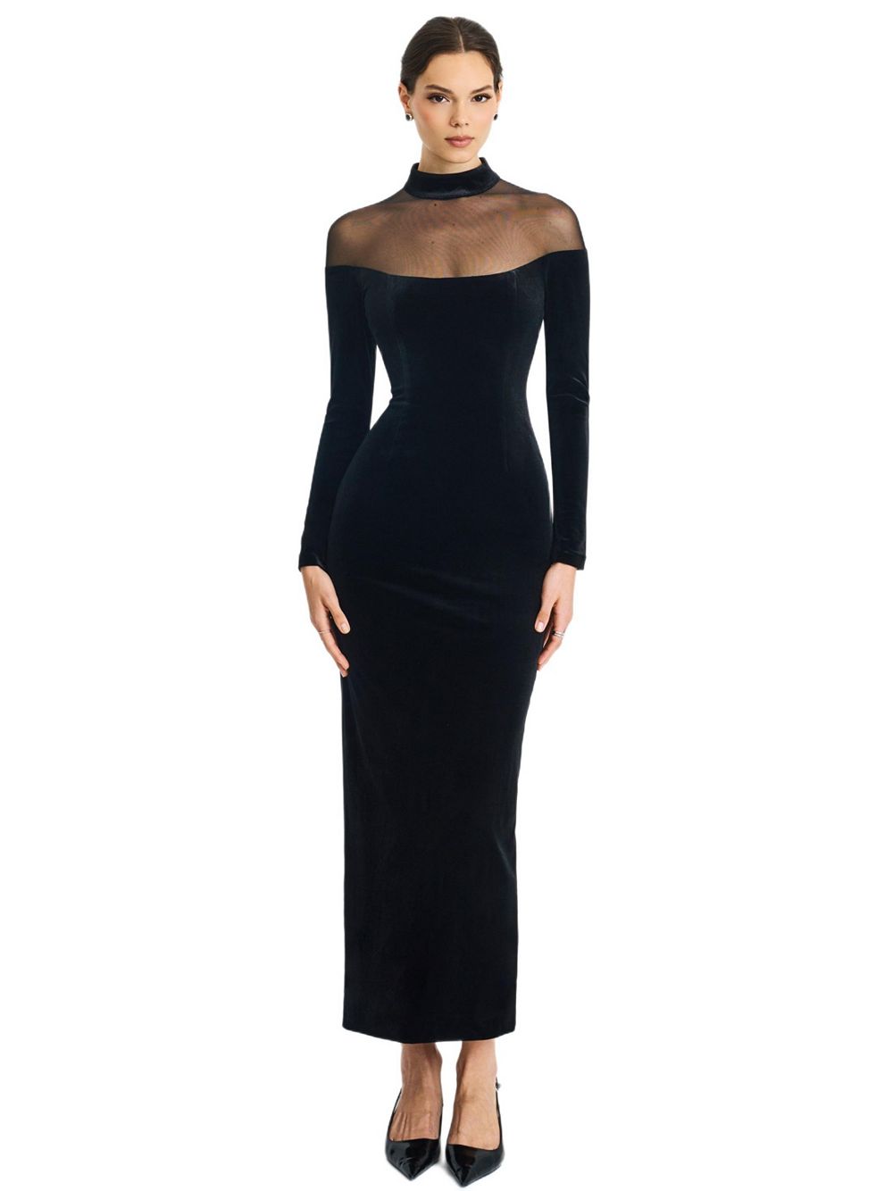 Miss Circle Women's Blair Black Sheer Mock Neck Maxi Dress