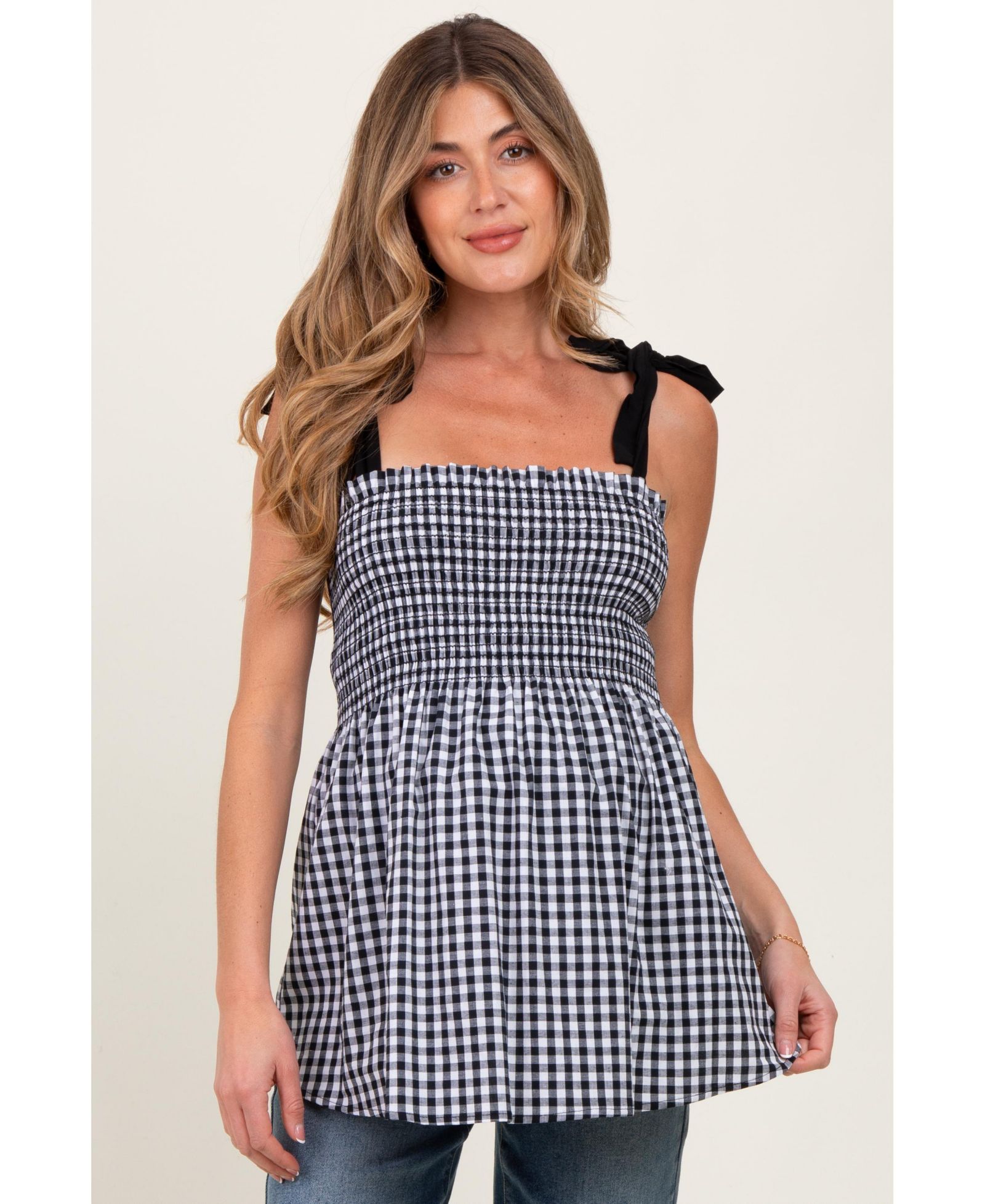 Pinkblush Women's Black Gingham Smocked Shoulder Tie Top