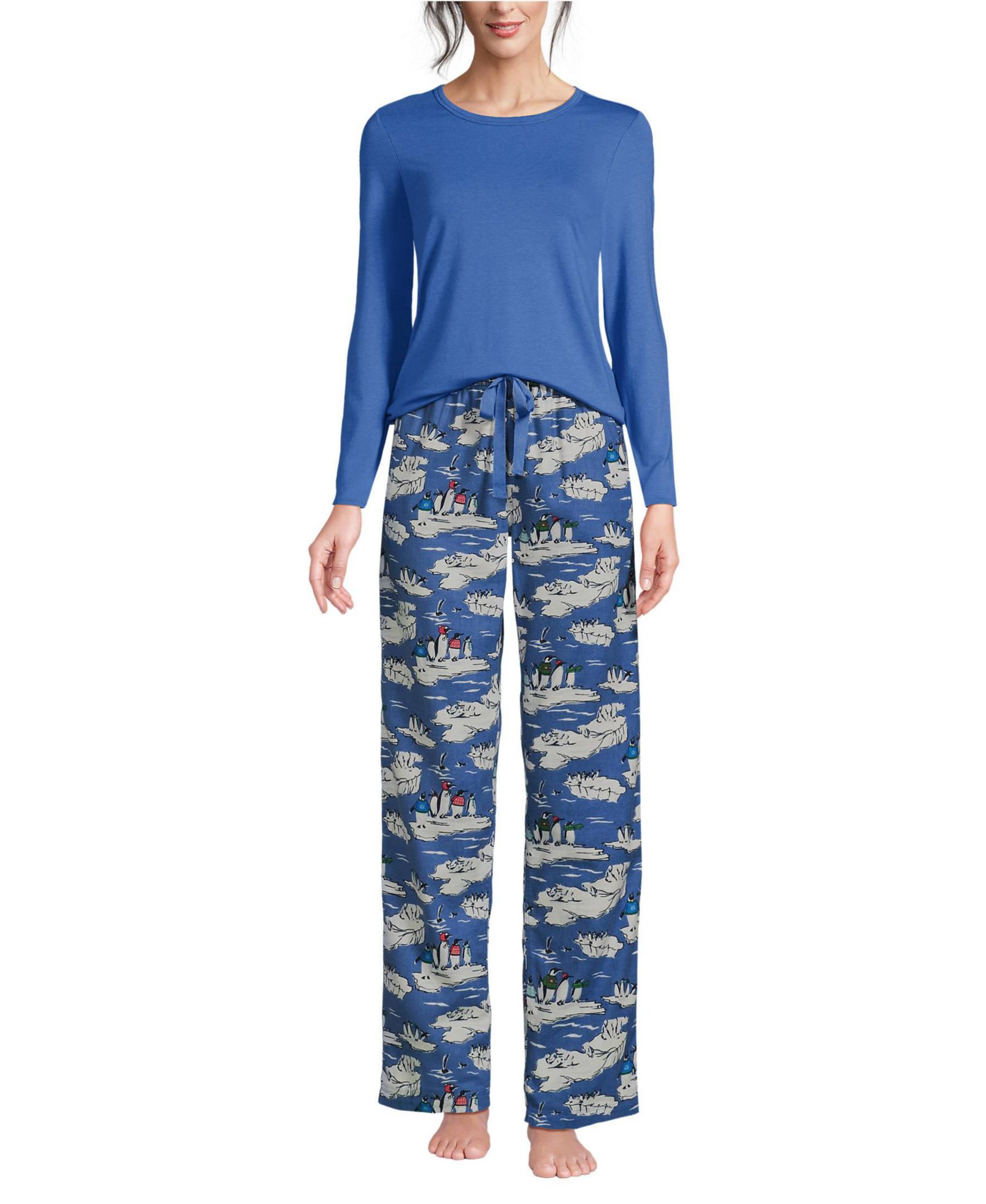 Lands' End Women's Pajama Gift Set - Knit Long Sleeve Top and Flannel Pants