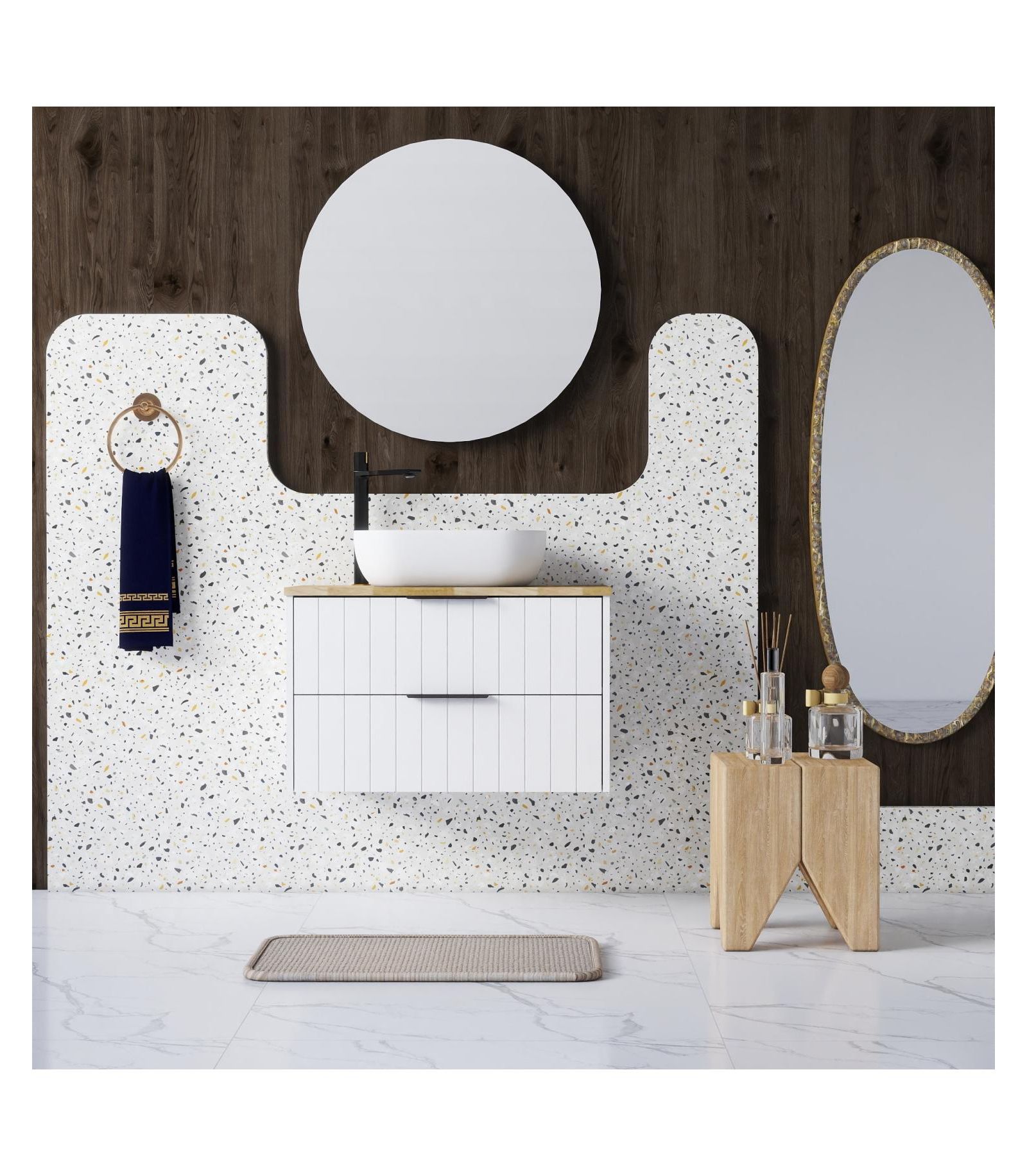 Streamdale 32'' Double Drawer White Vanity, Natural Wood Top, Ceramic Sink and Round Mirror