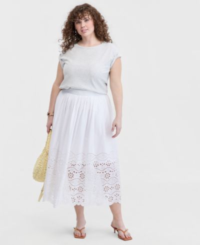 On 34th Trendy Plus Size Eyelet-Embroidered Midi Skirt, Macy's Exclusive