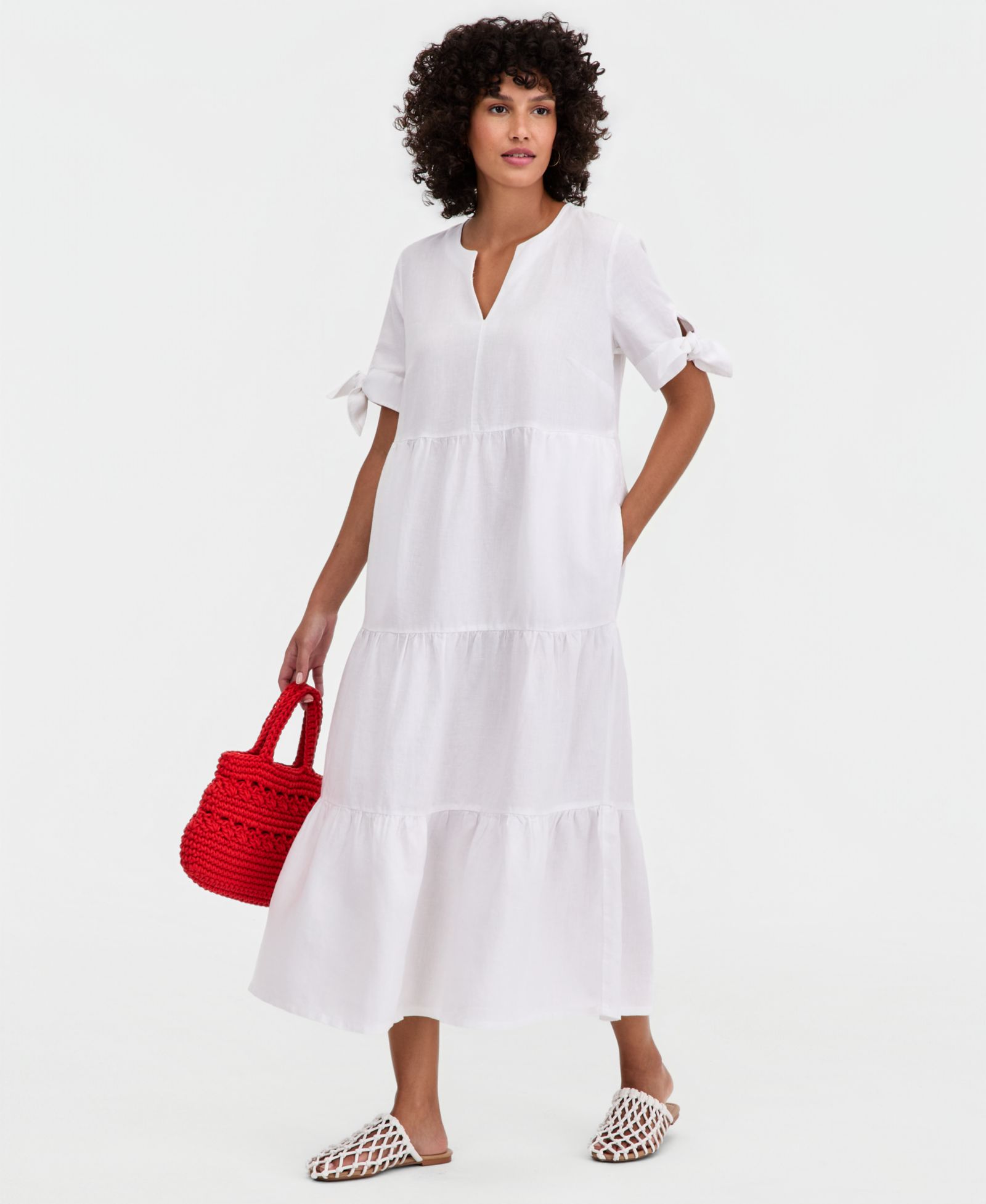 Charter Club Women's 100% Linen Tie-Sleeve Tiered Midi Dress, Created for Macy's