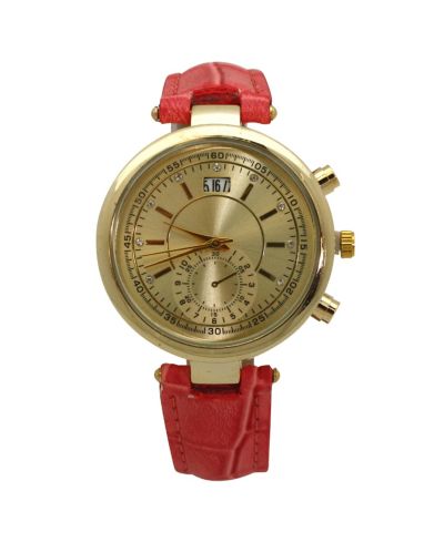 Pink Multicolored Gold Face Leather Strap Watch