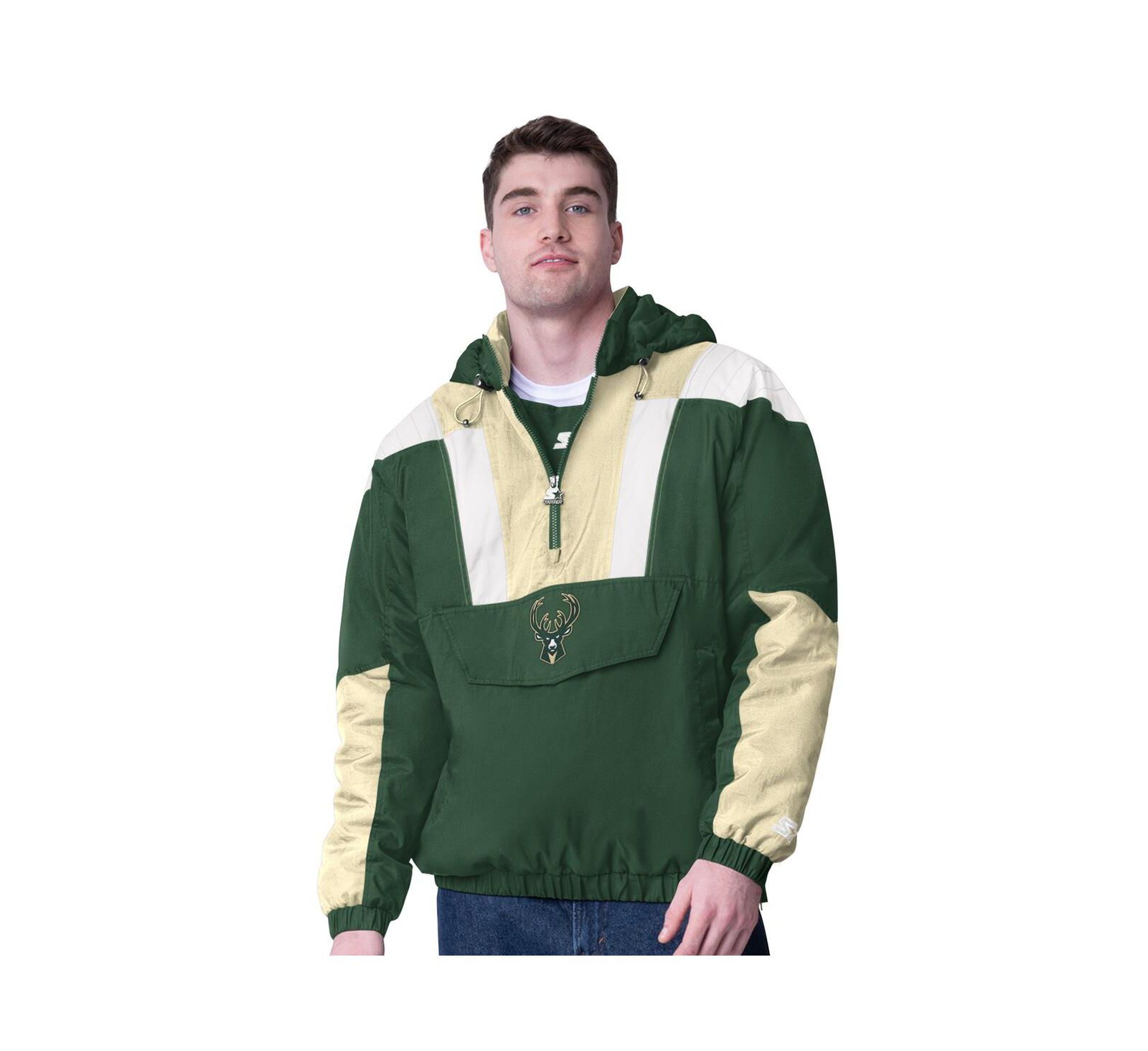 Starter Men's Hunter Green/Cream Milwaukee Bucks Charger Half-Zip Pullover Jacket
