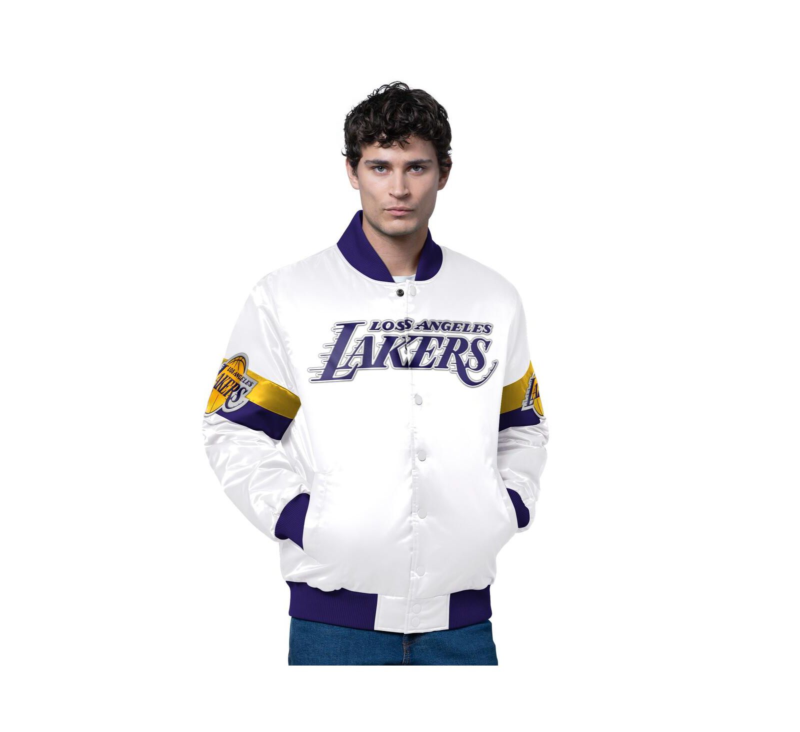 Starter Men's White Los Angeles Lakers Triple Option Varsity Full-Snap Satin Jacket