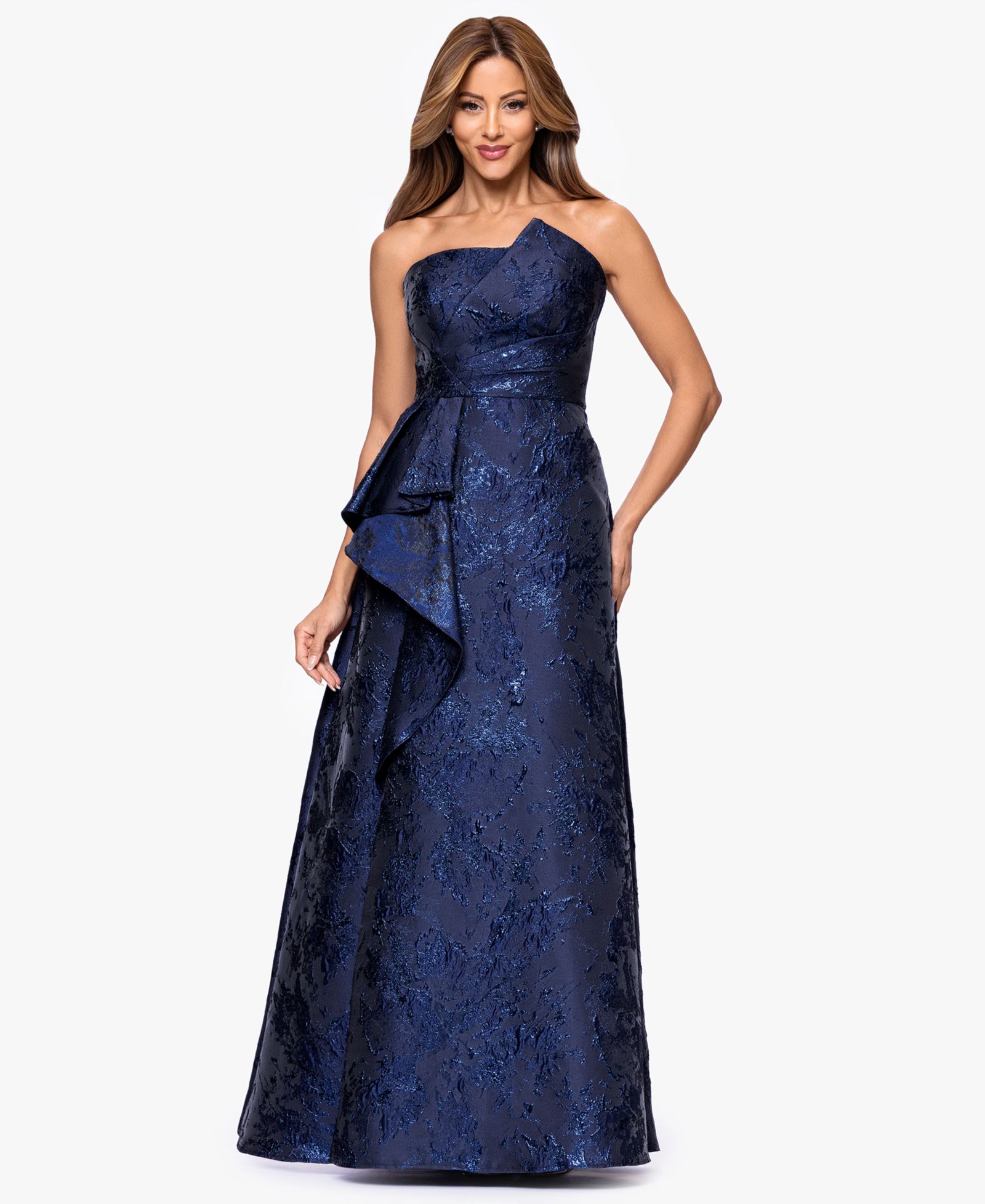 XSCAPE Women's Asymmetrical Strapless Ruffle Dress