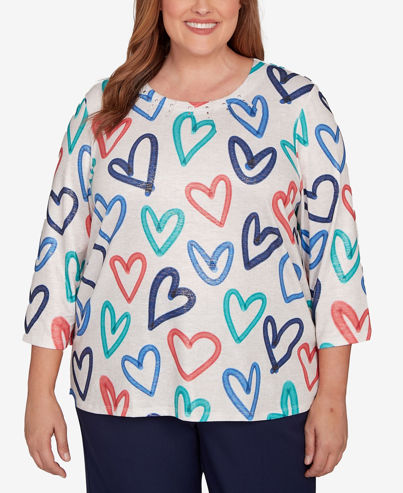 Alfred Dunner Plus Size Saratoga Springs Tossed Heart Pattern Knit Top