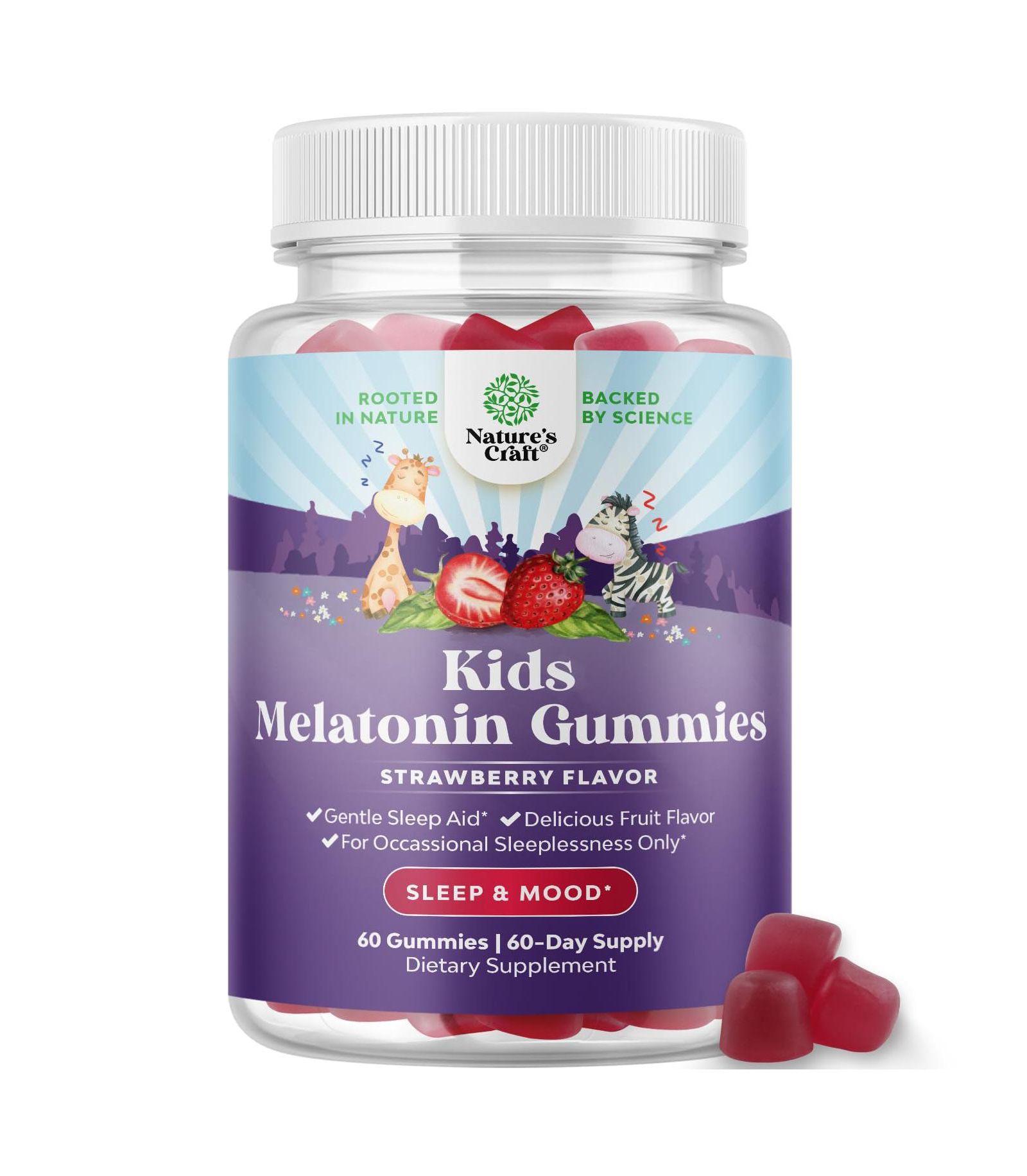 Nature's Craft Melatonin Gummies for Kids - Sleep & Mood Support, Hassle-Free Tummy-Friendly Gummy, 1mg for Little Ones, 60 Count