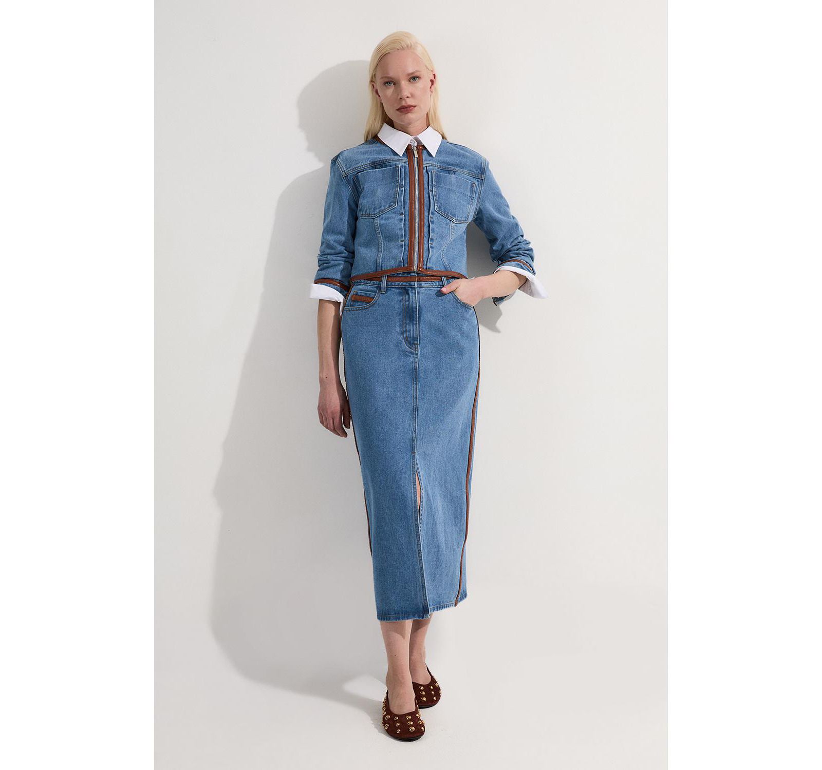 Женский куртка Karen Millen Denim and Leather Collarless