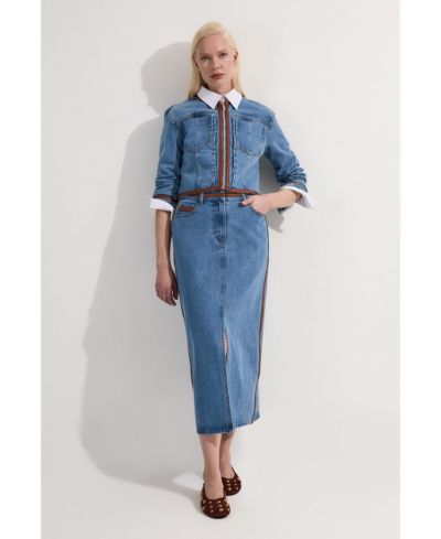 Karen Millen Women's Denim and Leather Collarless Jacket