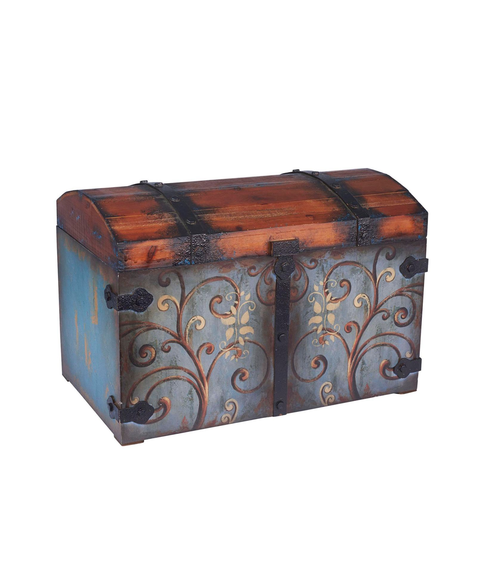 Household Essentials Vintage Decorative Trunk, Large, Chinese Fir with MDF Detail, Sandalwood and Vintage Blue