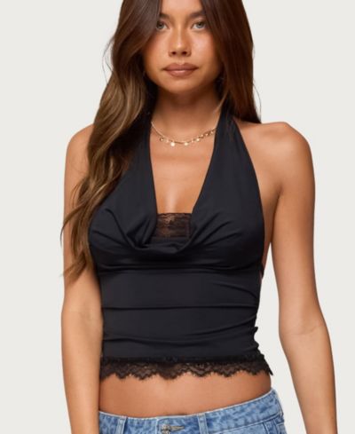 Edikted Women's Layered Lacey Cowl Neck Halter Top