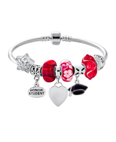 Bling Jewelry Graduation Honor Student Bead Charm Bangle Bracelet .925 Sterling Silver 8"