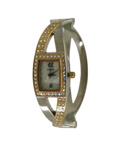 Two Tone Rhinestones And Pearl Tone Bangle Watch