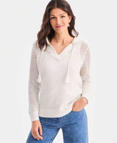 Style & Co Petite Long-Sleeve Open Stitch V-Neck Hooded Sweater, Macy's Exclusive