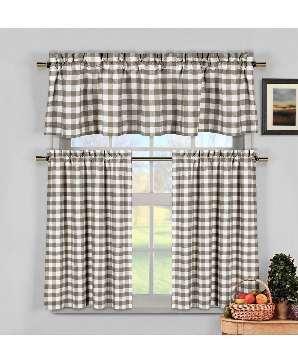 Kate Aurora Complete 3 Piece Country Farmhouse Plaid Kitchen Curtain Tier & Valance Set