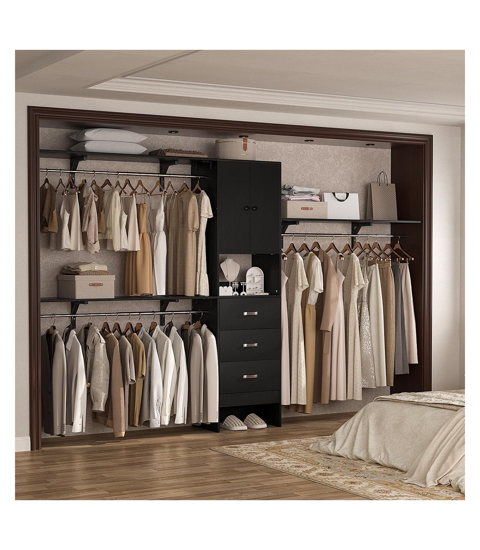 Aheaplus 10-Foot Closet System with 3 Drawers, 120-Inch Walk-In Closet Organizer with Shelving Towers and Hanging Rods