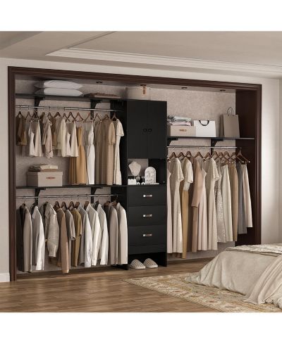 Aheaplus 10-Foot Closet System with 3 Drawers, 120-Inch Walk-In Closet Organizer with Shelving Towers and Hanging Rods