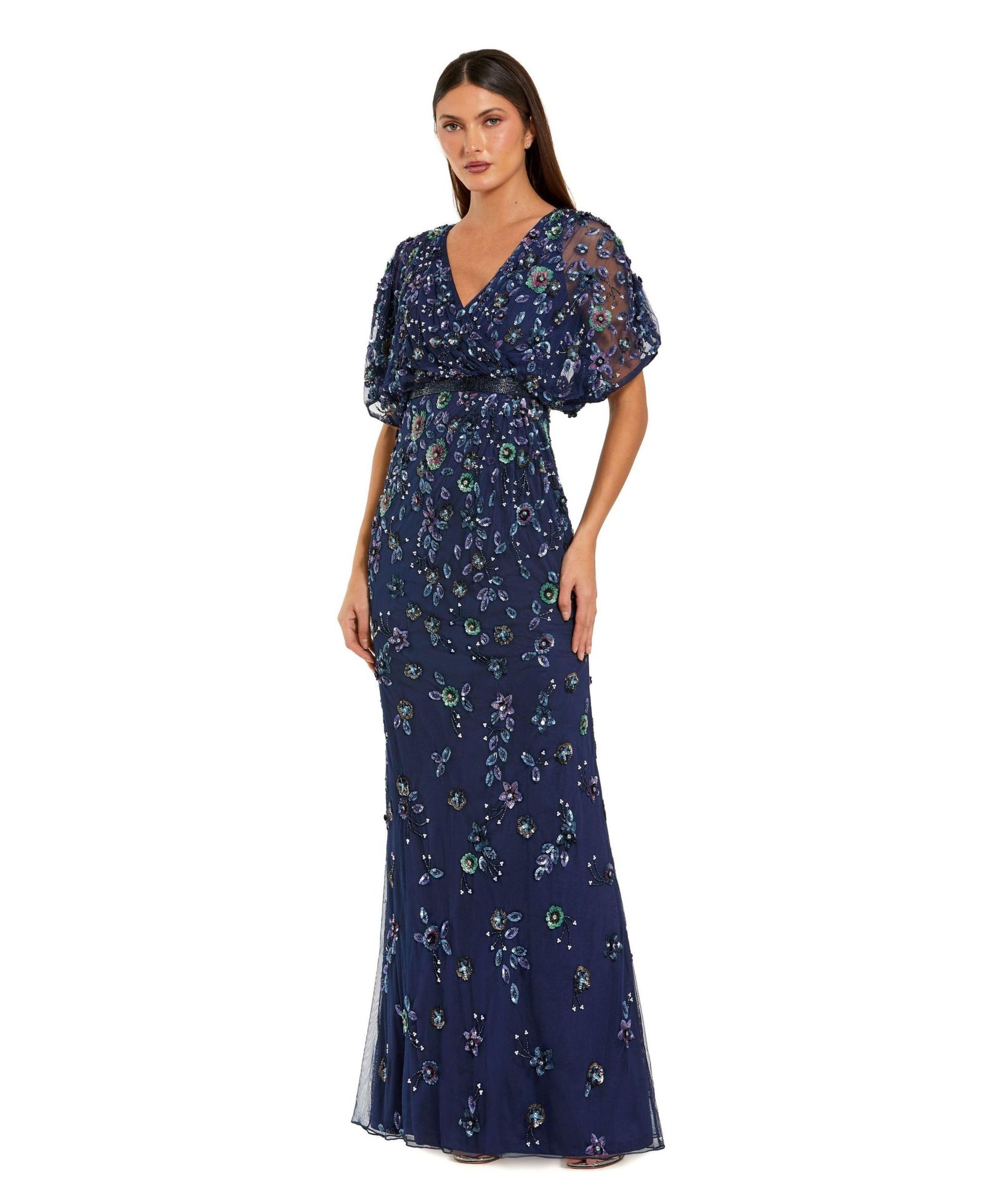 Mac Duggal Women's Floral Embellished Short Sleeve Blouson Gown