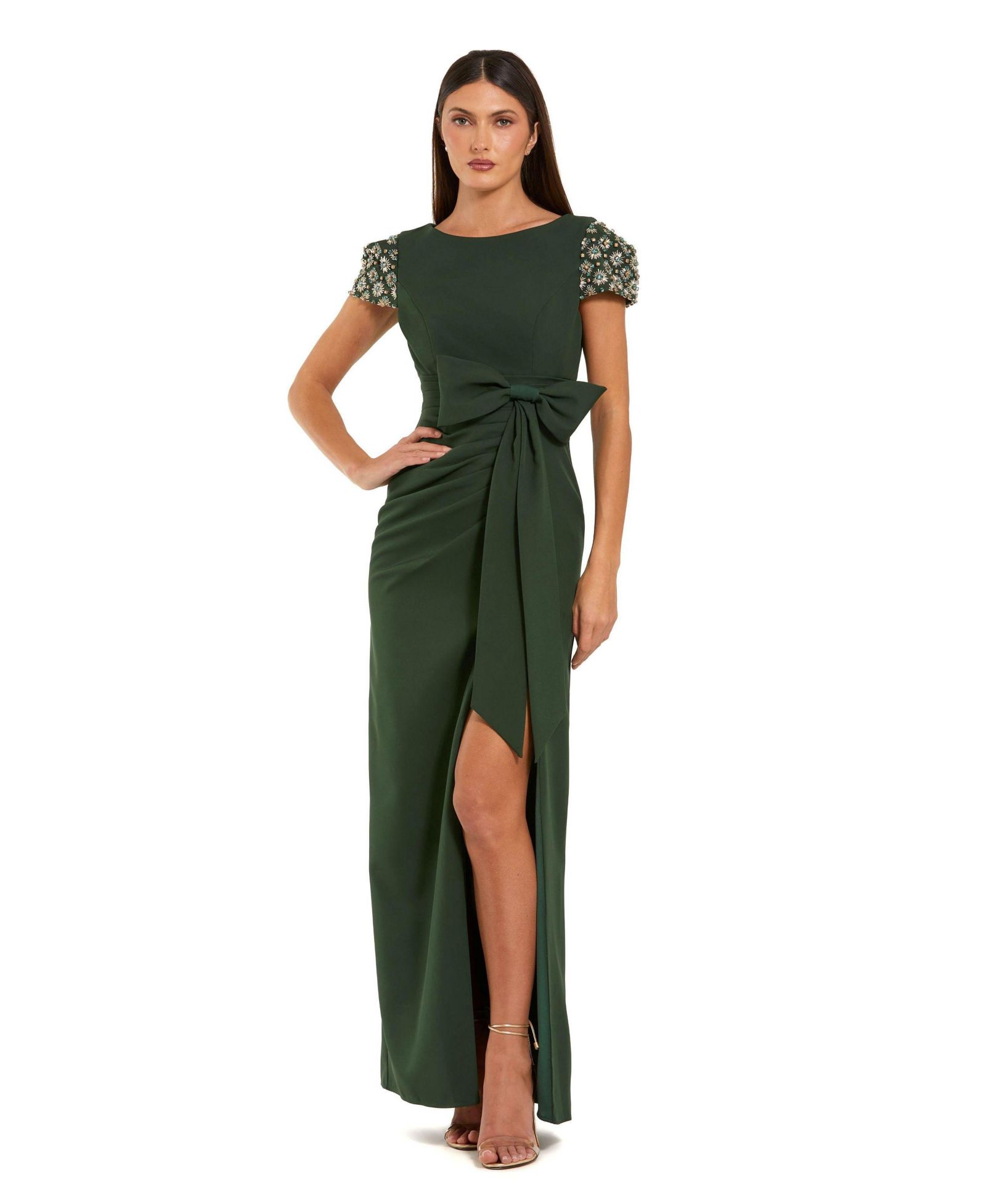 Женское вечернее платье Mac Duggal с бисером, коротким рукавом и разрезом