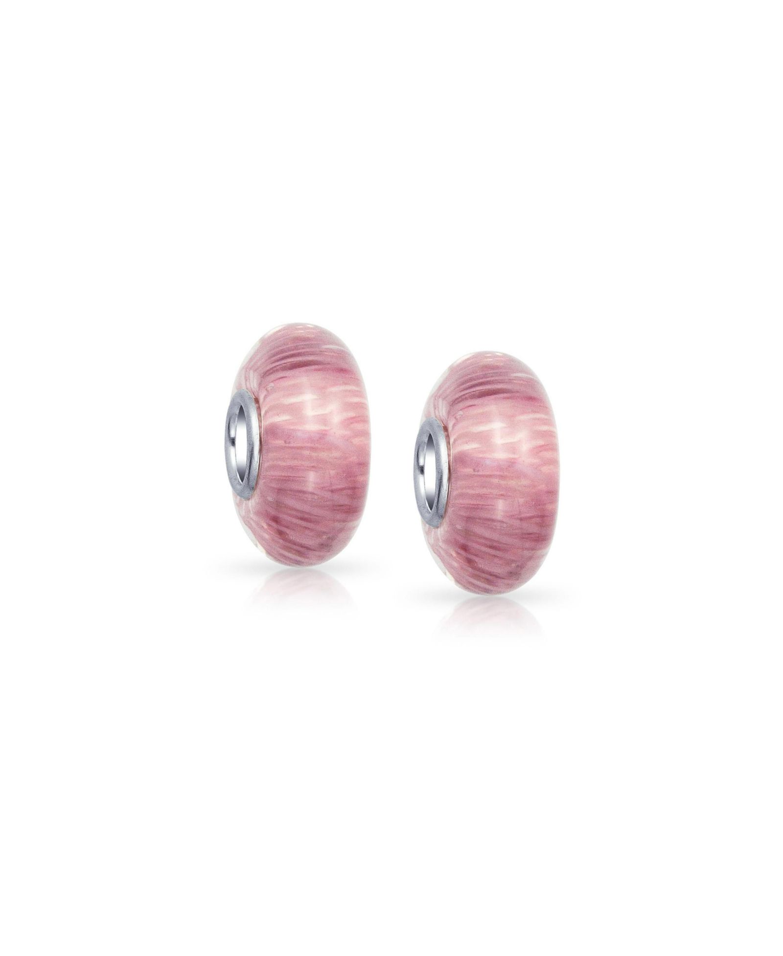 Bling Jewelry Solid Pink Murano Glass Charm Bead for Bracelet .925 Sterling Silver 2 Set