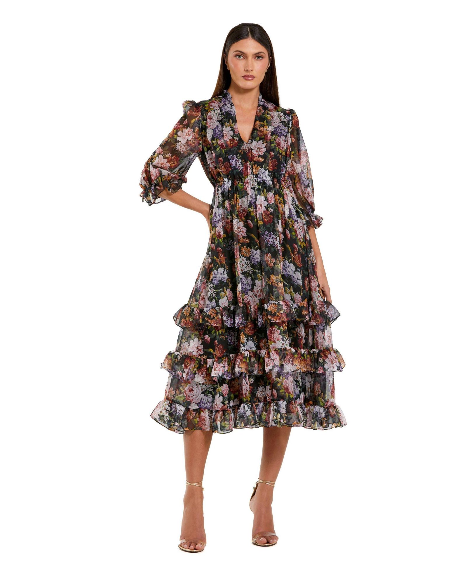 Женское шифоновое платье Mac Duggal 3/4 Sleeve A Line Midi с рюшами