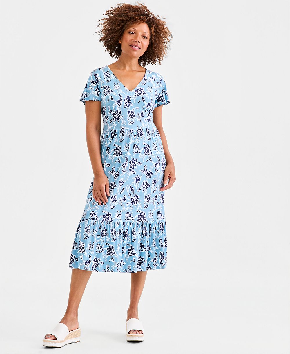 Style & Co Women's V-Neck Tiered Midi Dress, Macy's Exclusive