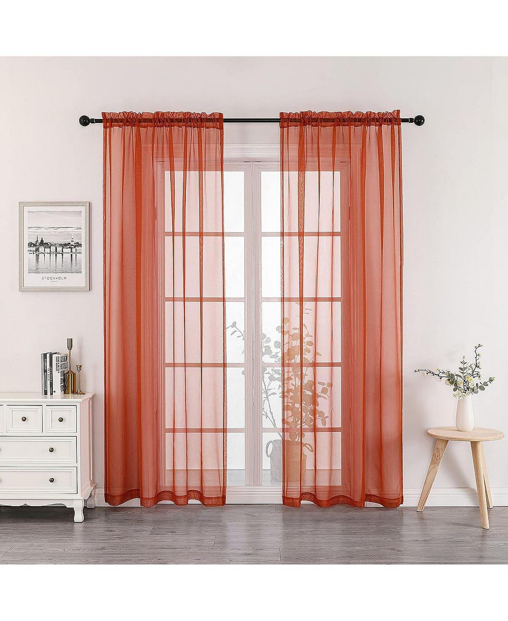 Kate Aurora 2 Piece Halloween Spooky Harvest Themed Pumpkin Spice Colored Rod Pocket Sheer Voile Window Curtain Panels