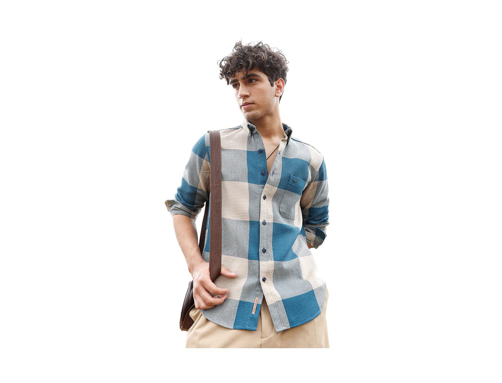 Campus Sutra Мужская рубашка Buffalo-Woven Azure Blue & Off-White