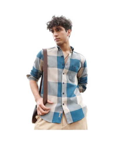 Campus Sutra Мужская рубашка Buffalo-Woven Azure Blue & Off-White