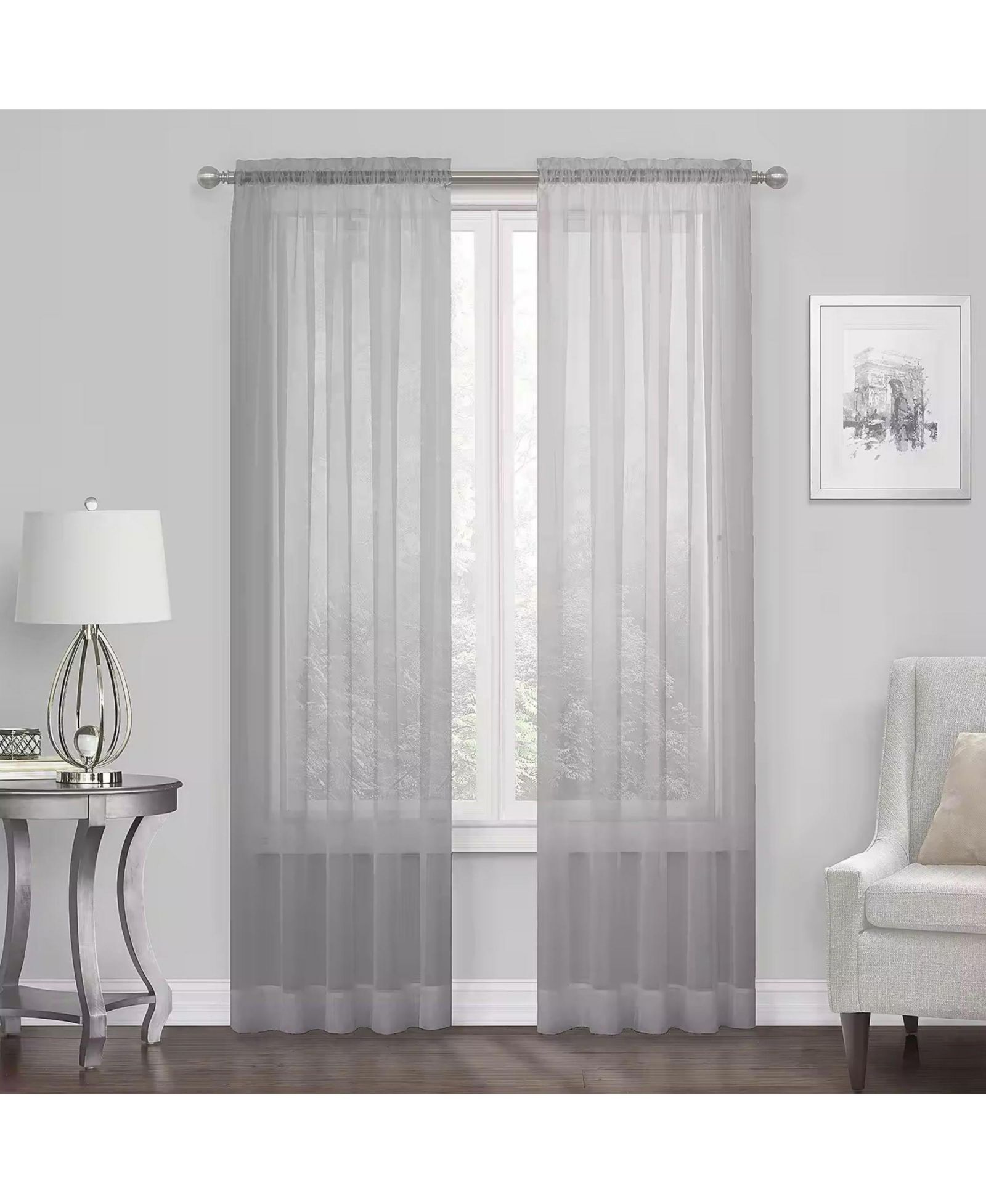 Kate Aurora Essential 1 Piece Silver Gray Sheer Voile Rod Pocket Window Curtain Panel - 45 in. Long