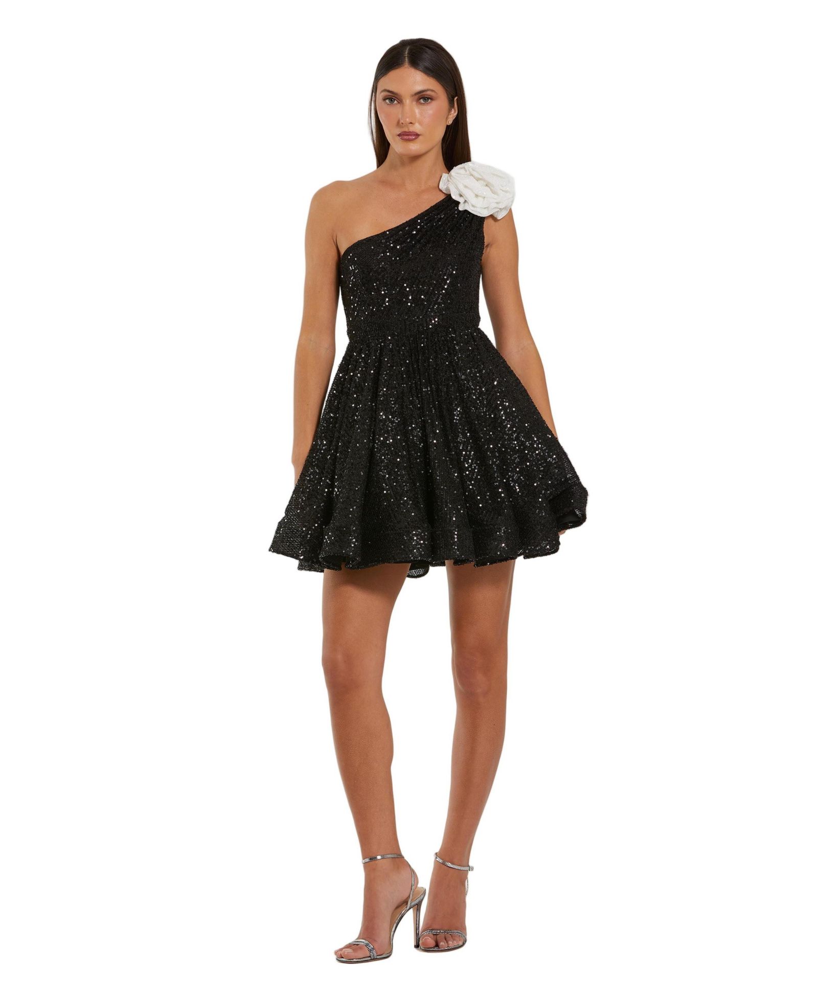 Mac Duggal Women's One Shoulder Sequin Mini Dress With 3D Flower