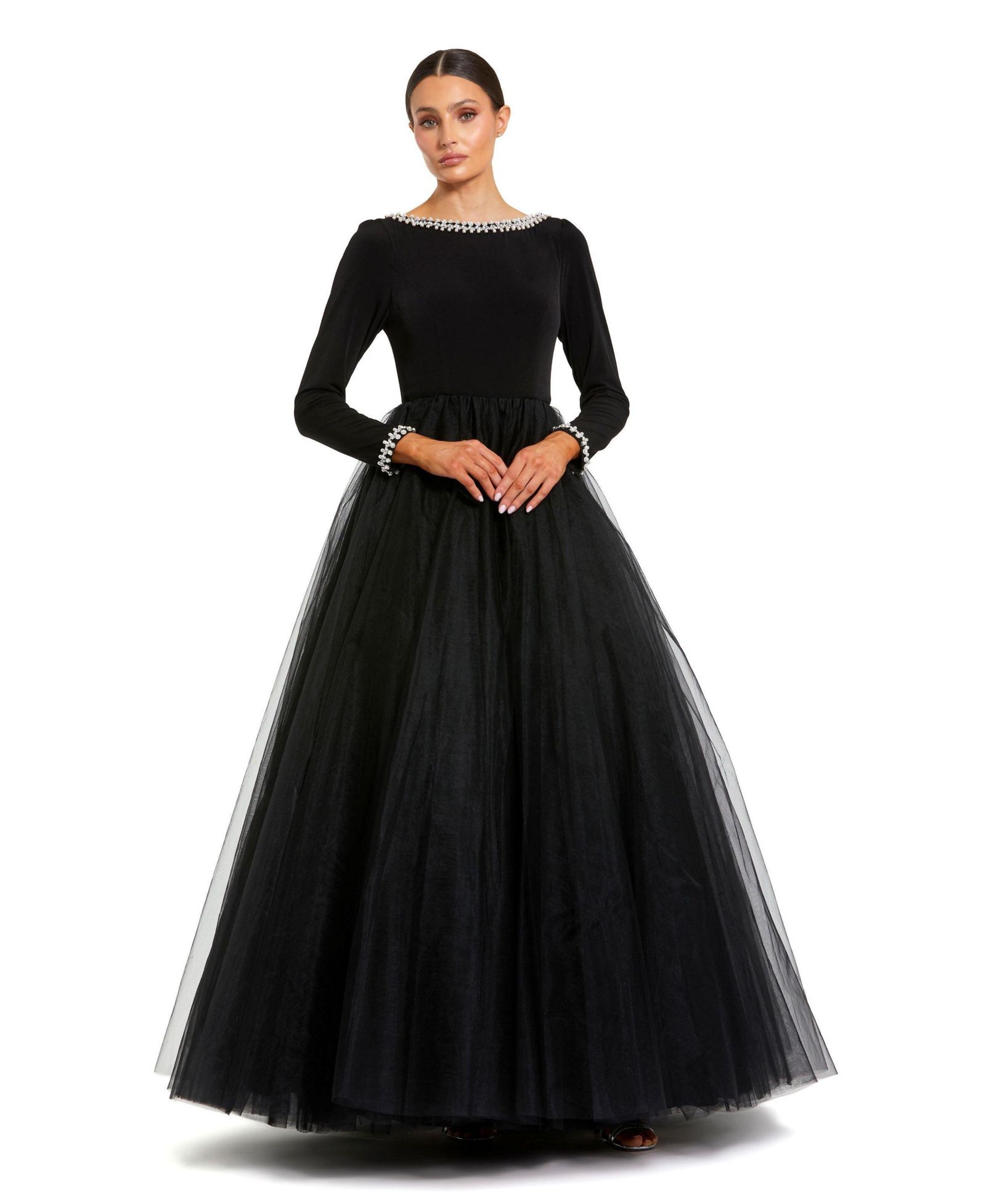 Вечернее платье Mac Duggal Women's Embellished Jersey Long Sleeve Ballgown With Tulle Skirt
